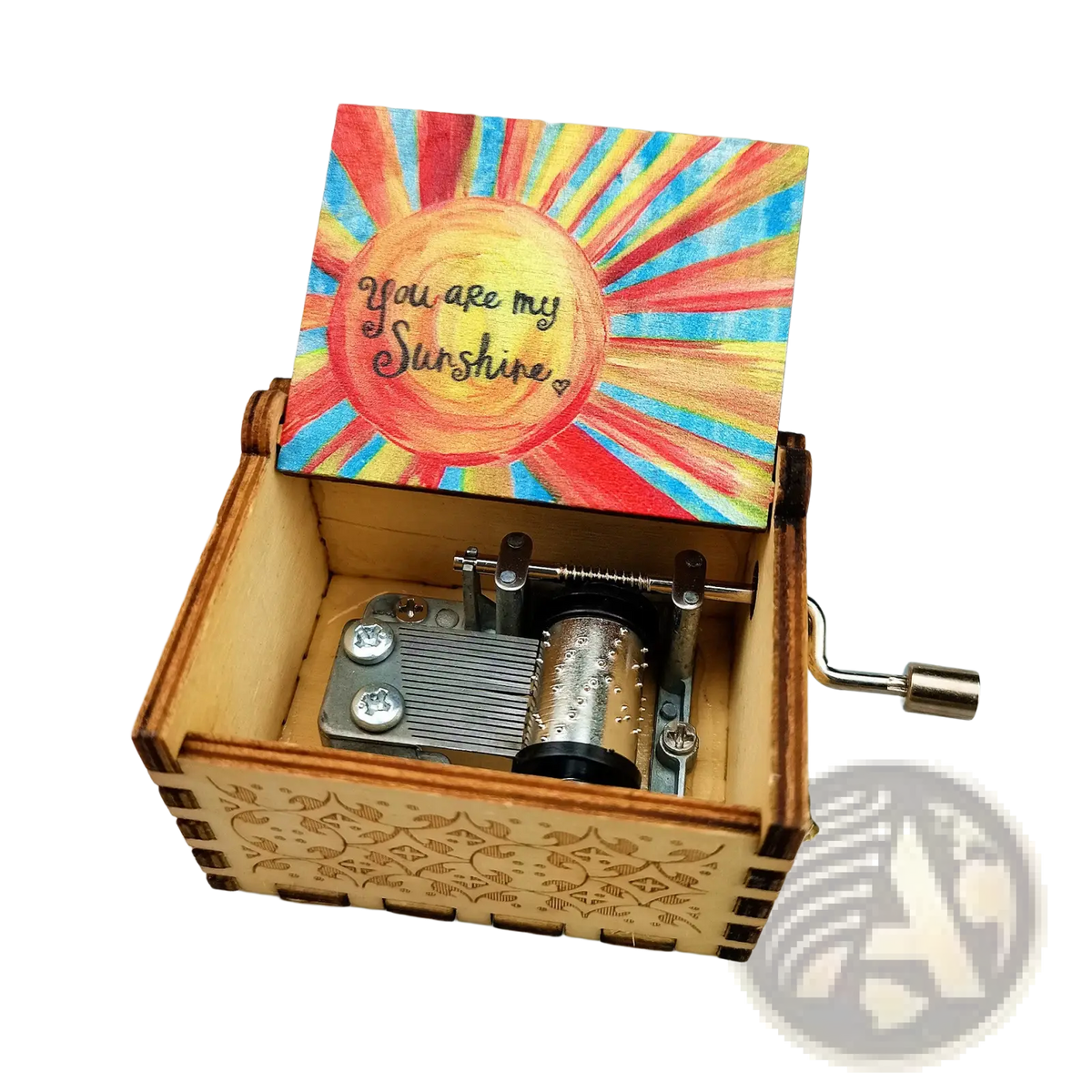 Wooden music box with hand crank featuring colorful sun design lid and visible mechanical gears in natural wood