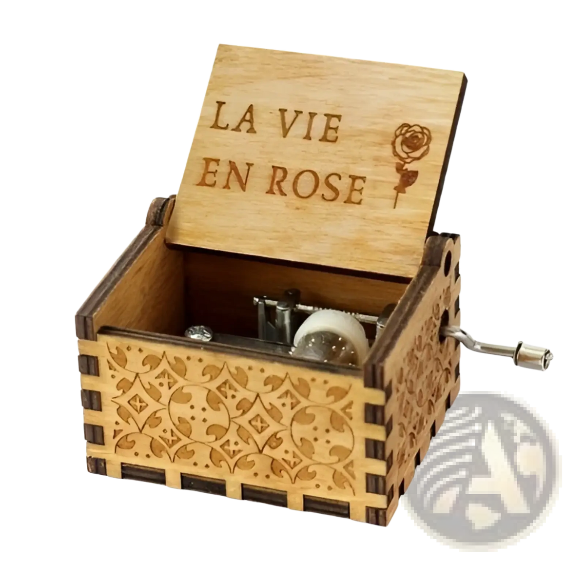 Wooden music box with hand crank in light wood featuring intricate floral carvings and la vie en rose engraved lid