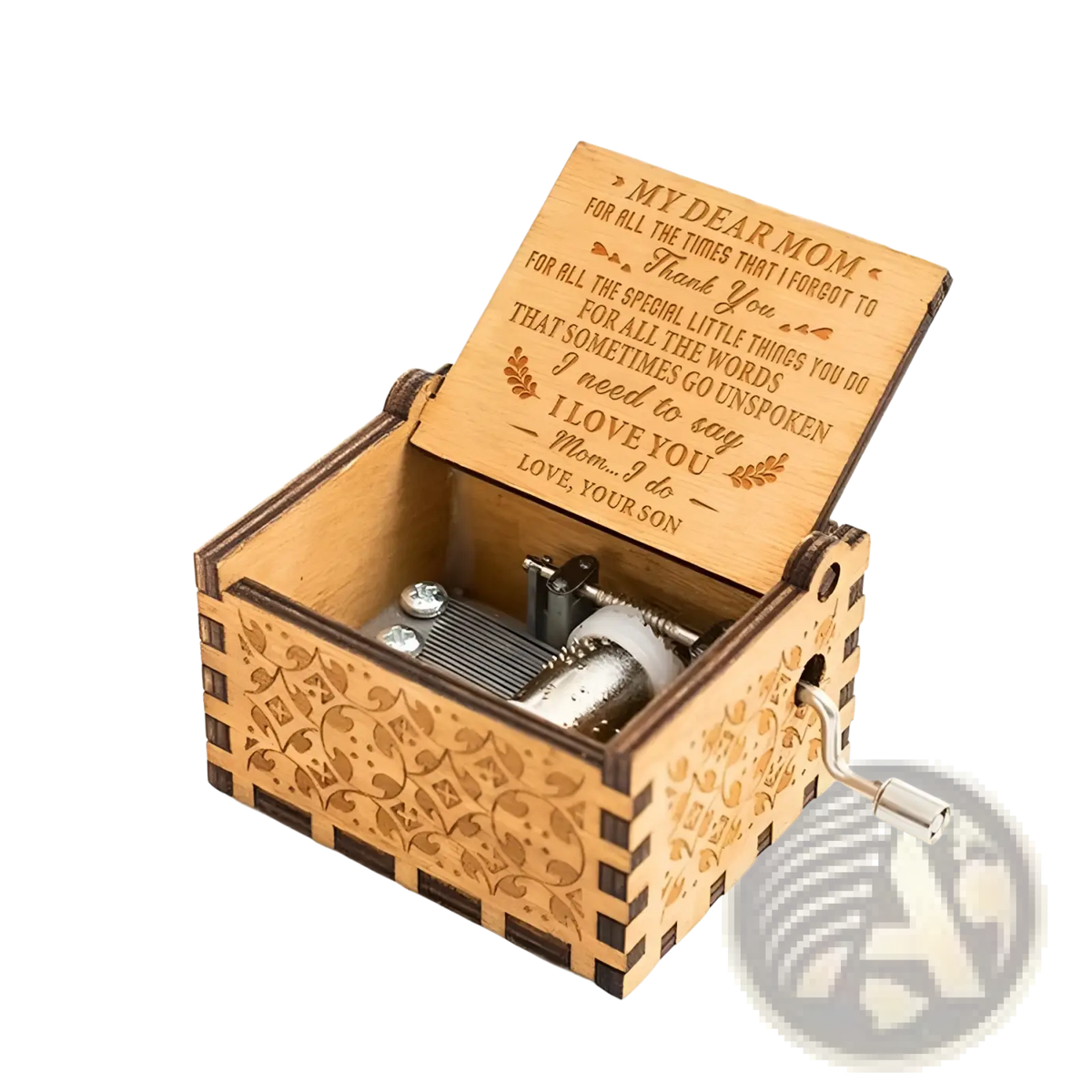 Wooden music box with hand crank featuring intricate floral carvings and a hand engraved message on the lid