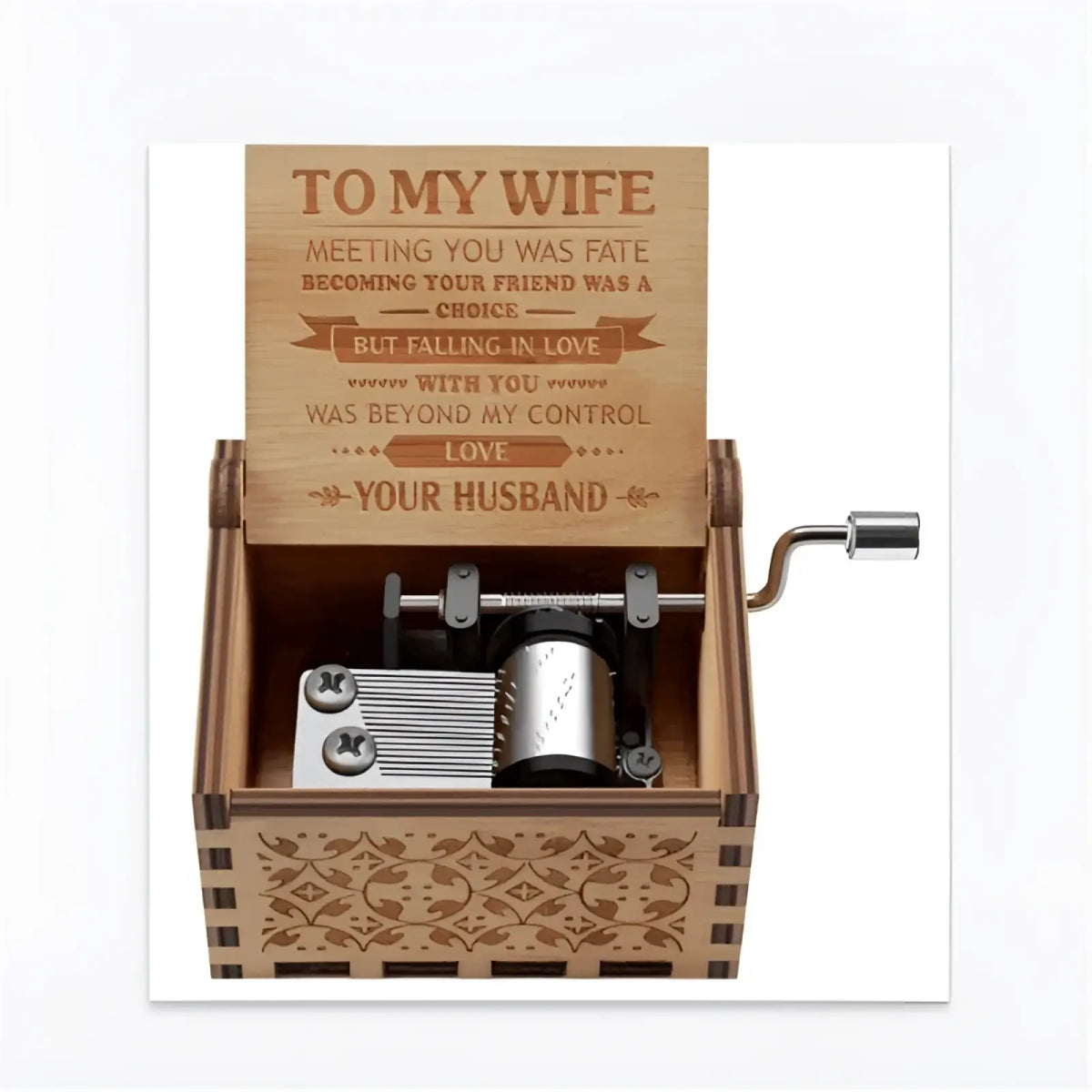 Wooden music box with hand crank carved themes featuring engraved romantic message and silver-toned mechanism