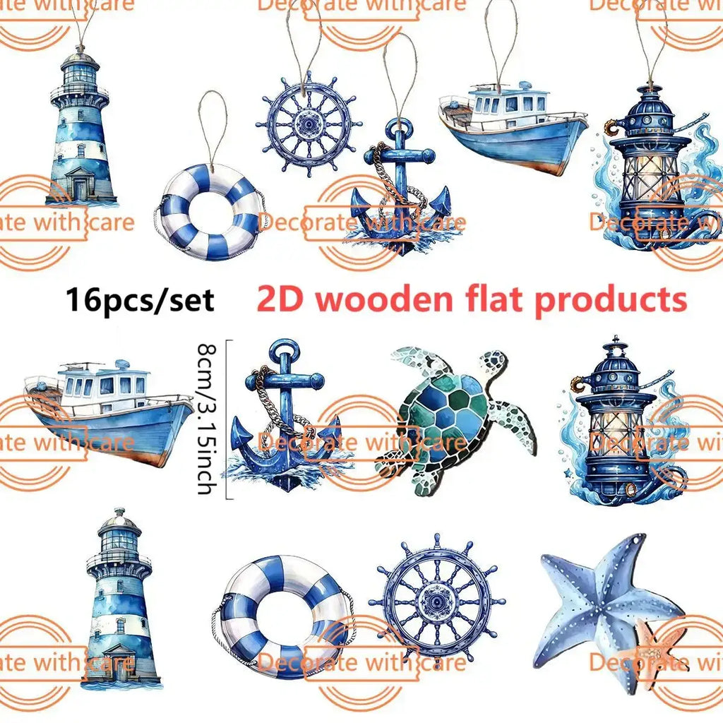 Blue and white watercolor-style wooden nautical hanging ornaments for ocean theme decor