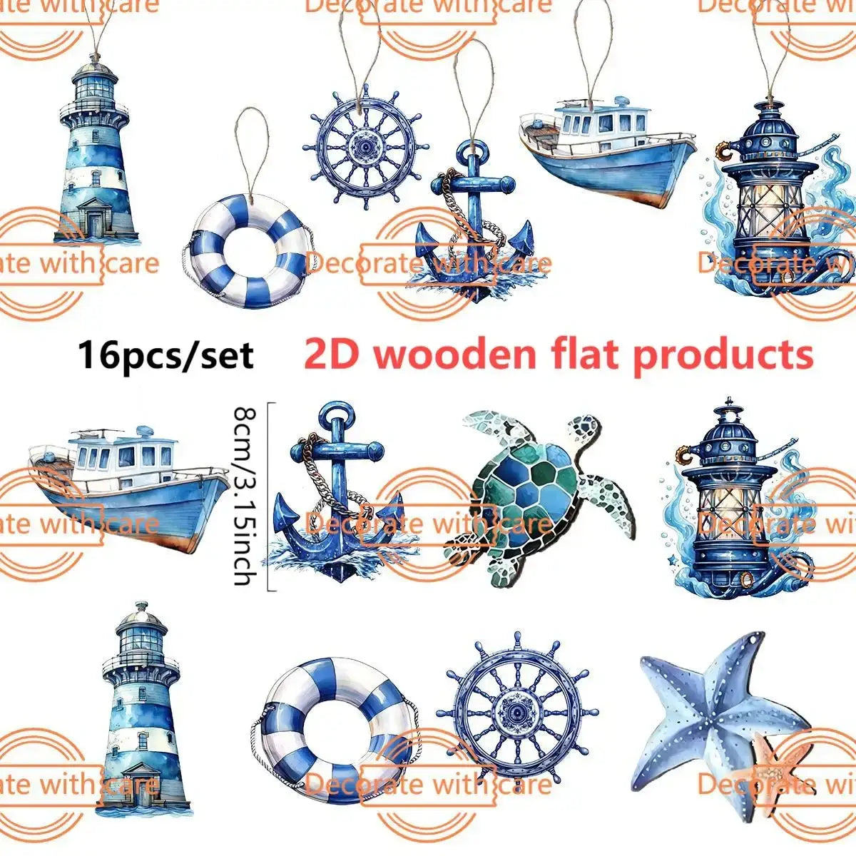 Blue and white watercolor-style wooden nautical hanging ornaments for ocean theme decor
