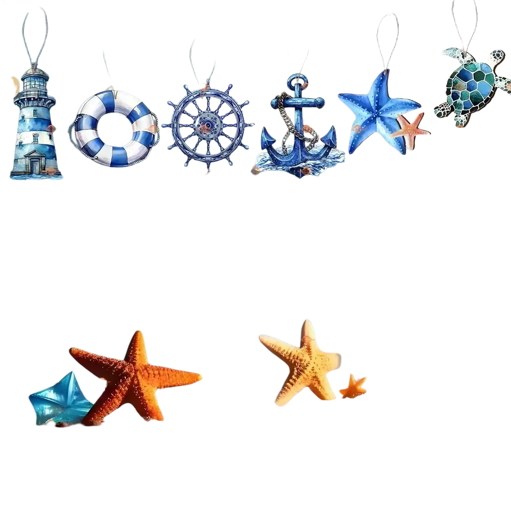 Wooden nautical hanging ornament featuring a blue and white striped life preserver hanging from a string