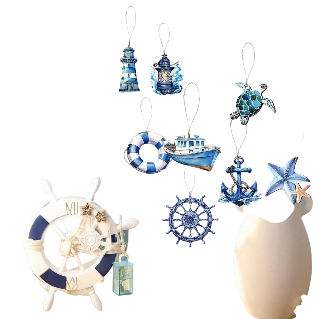 Wooden nautical hanging ornaments in blue and white featuring lighthouses boats anchors starfish and a turtle
