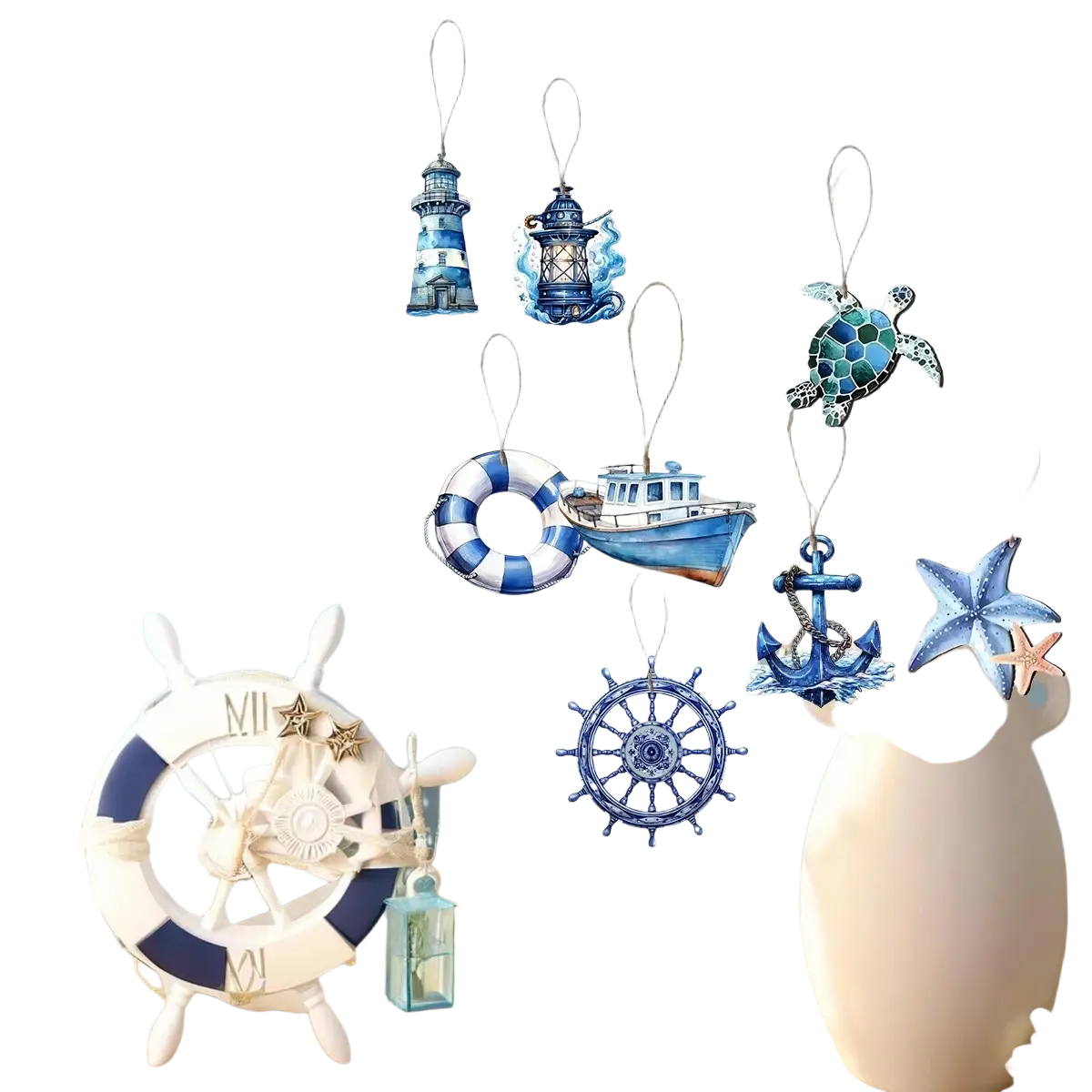 Wooden nautical hanging ornaments in blue and white featuring lighthouses boats anchors starfish and a turtle