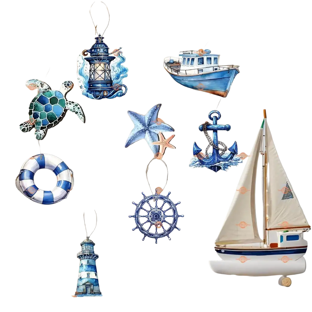 Wooden nautical hanging ornament ocean theme decor with blue and white decorative pieces on fishing net