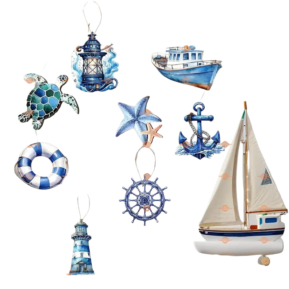 Wooden nautical hanging ornament ocean theme decor with blue and white decorative pieces on fishing net