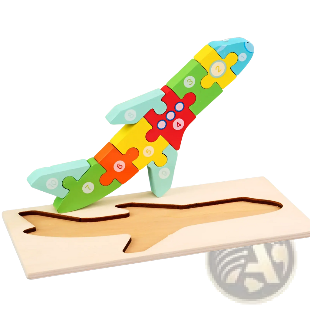 Wooden number animal puzzle featuring a colorful crocodile with green yellow red and blue numbered pieces for toddlers
