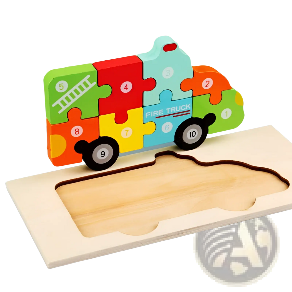 Colorful wooden number animal puzzle fire truck with numbered pieces and fire truck label for toddlers