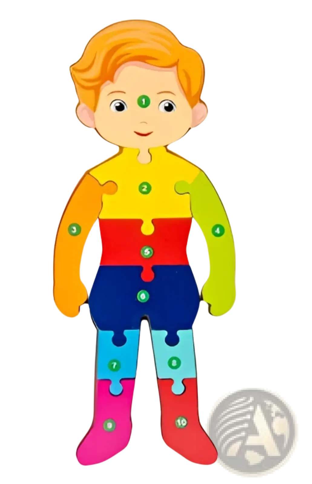 Colorful wooden number animal puzzle for toddlers featuring a child body with each part in a bright hue