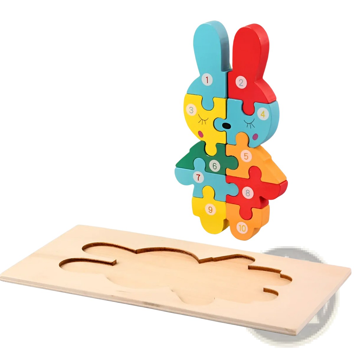 Colorful wooden number animal puzzle for toddlers shaped like a bunny with ten vibrant numbered pieces
