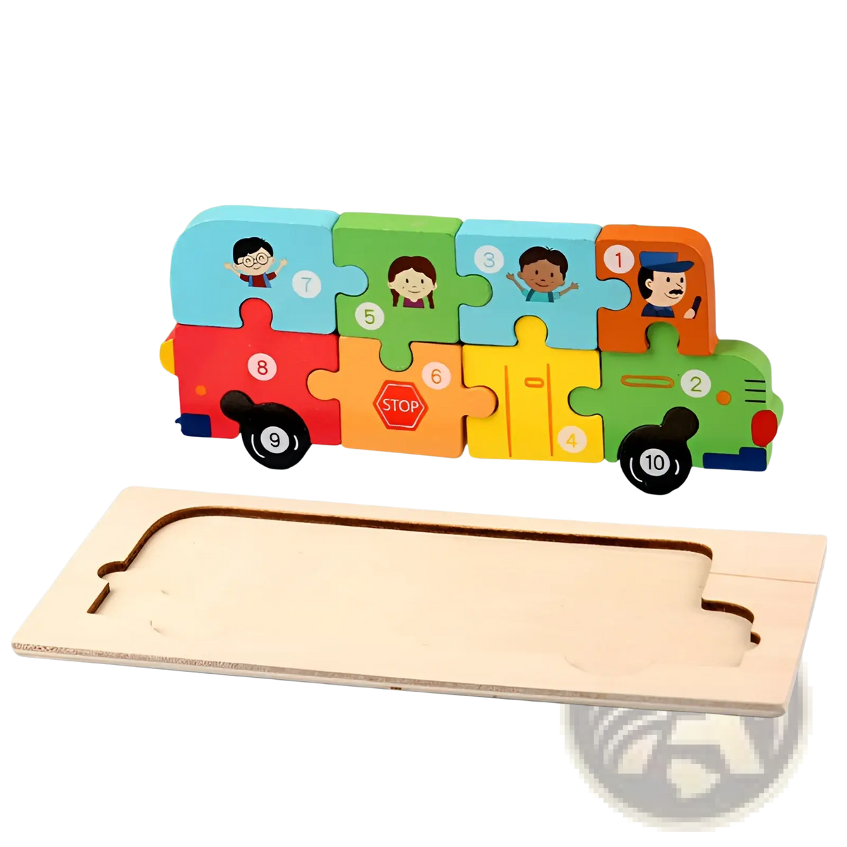 Colorful wooden number animal puzzle bus with cartoon characters and numbered pieces on a light wood base for toddlers