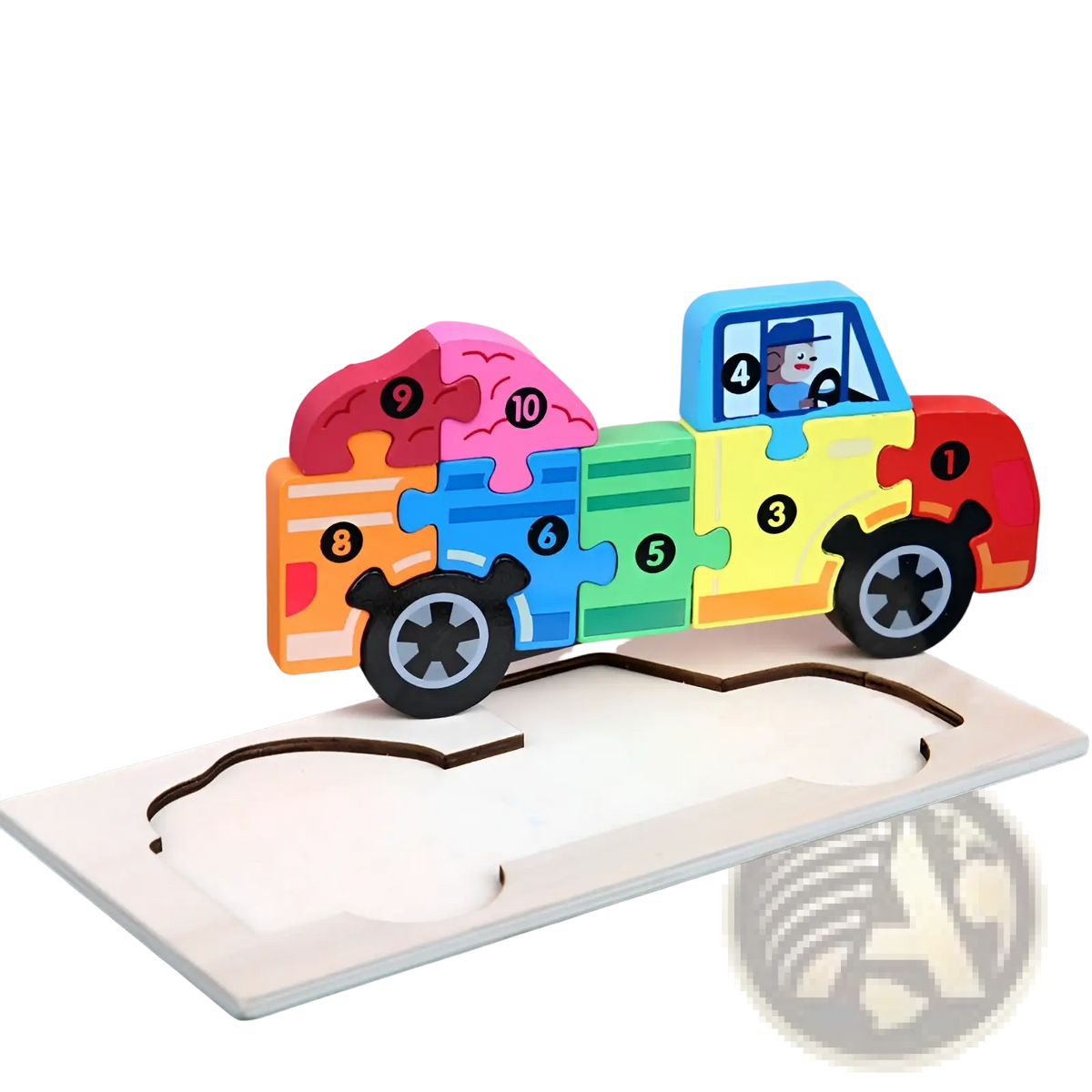 Colorful wooden number animal puzzle truck with cartoon driver featuring red yellow green blue and orange sections for toddlers