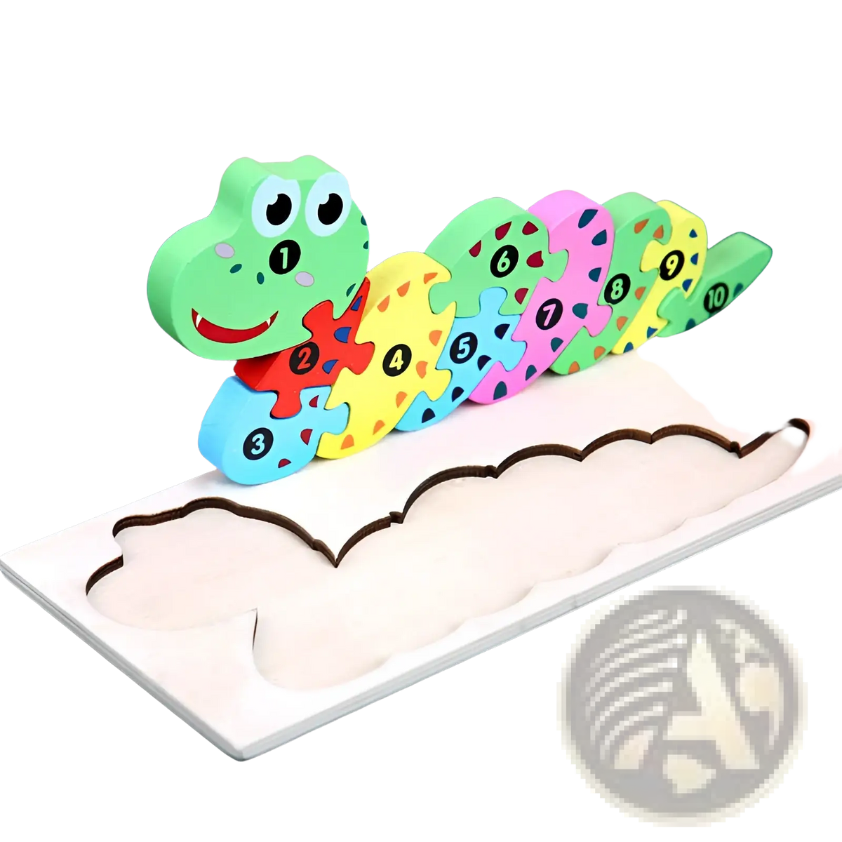 Wooden number animal puzzle for toddlers featuring a colorful wooden caterpillar with numbered rainbow segments and a smiling green head
