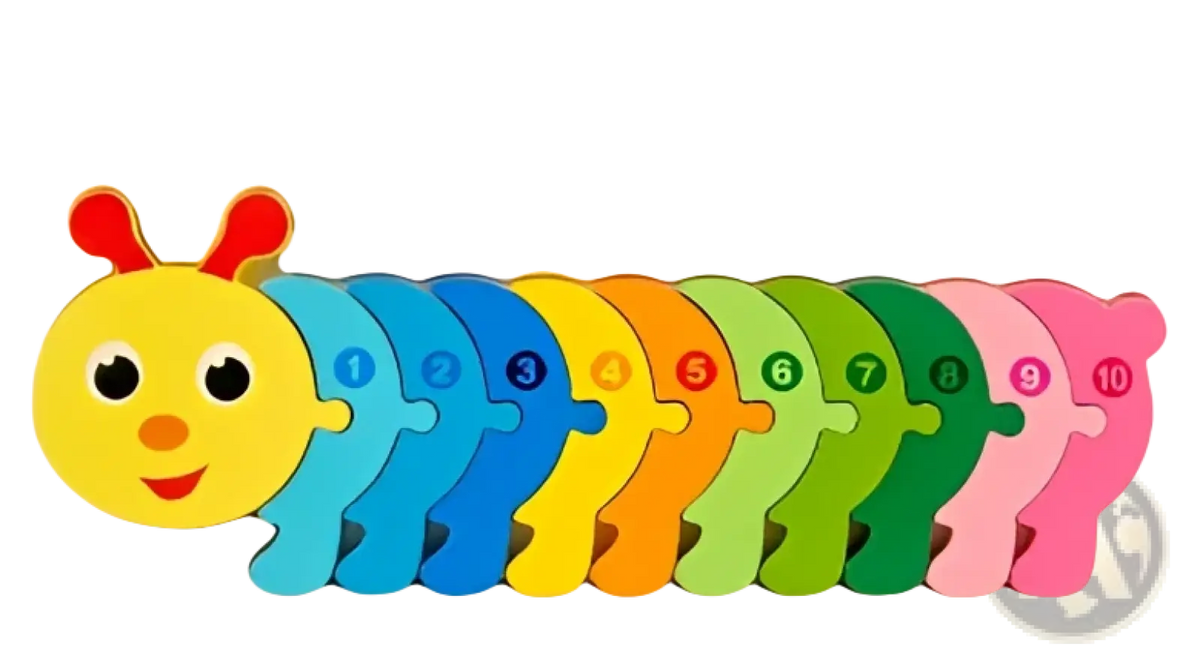 Wooden number animal puzzle for toddlers featuring a colorful caterpillar with bright rainbow numbered segments