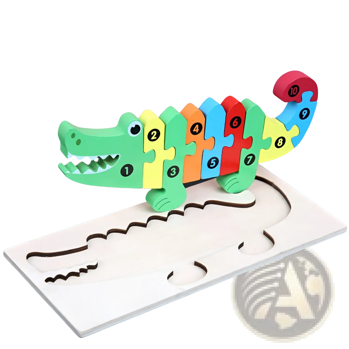 Wooden number animal puzzle for toddlers featuring a colorful crocodile with numbered green yellow orange red and blue segments