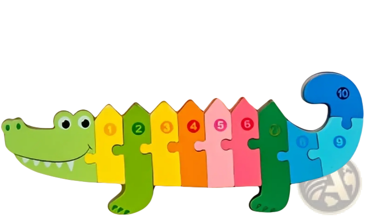Wooden number animal puzzle for toddlers shaped like a smiling alligator with colorful numbered wooden pieces