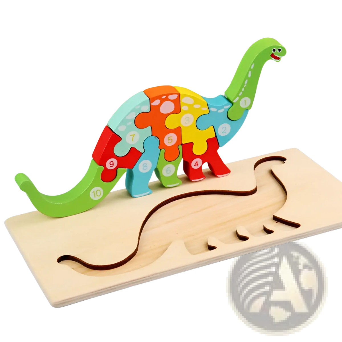 Colorful wooden number animal puzzle for toddlers with numbered dinosaur pieces assembled on matching wooden base