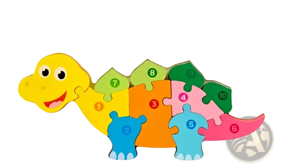 A colorful wooden number animal puzzle for toddlers with bright yellow green orange pink and blue numbered pieces