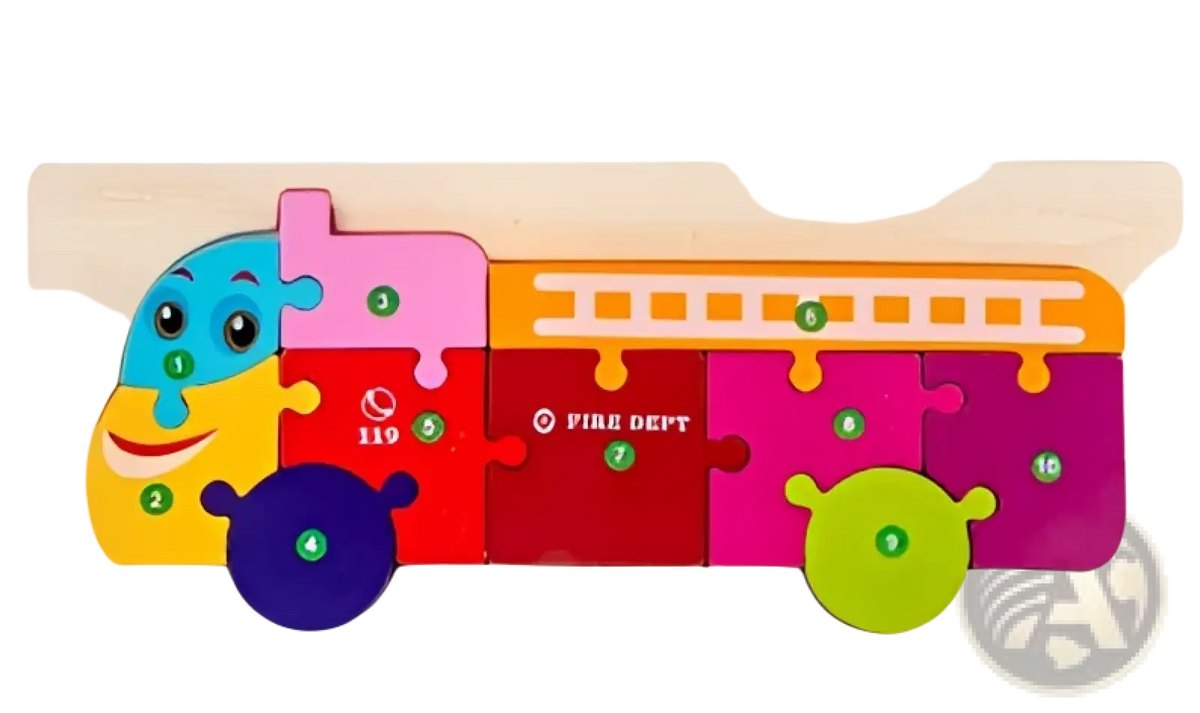 Wooden number animal puzzle for toddlers featuring a colorful wooden fire truck with smiling face and fire dept print