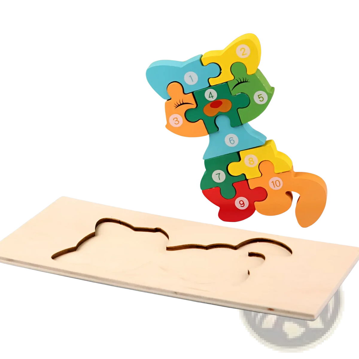 Wooden number animal puzzle for toddlers featuring a colorful cartoon cat with numbered blue yellow green orange and red pieces