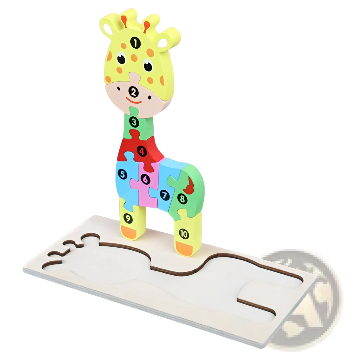 Colorful wooden number animal puzzle for toddlers shaped like a giraffe with yellow head and multicolored numbered pieces