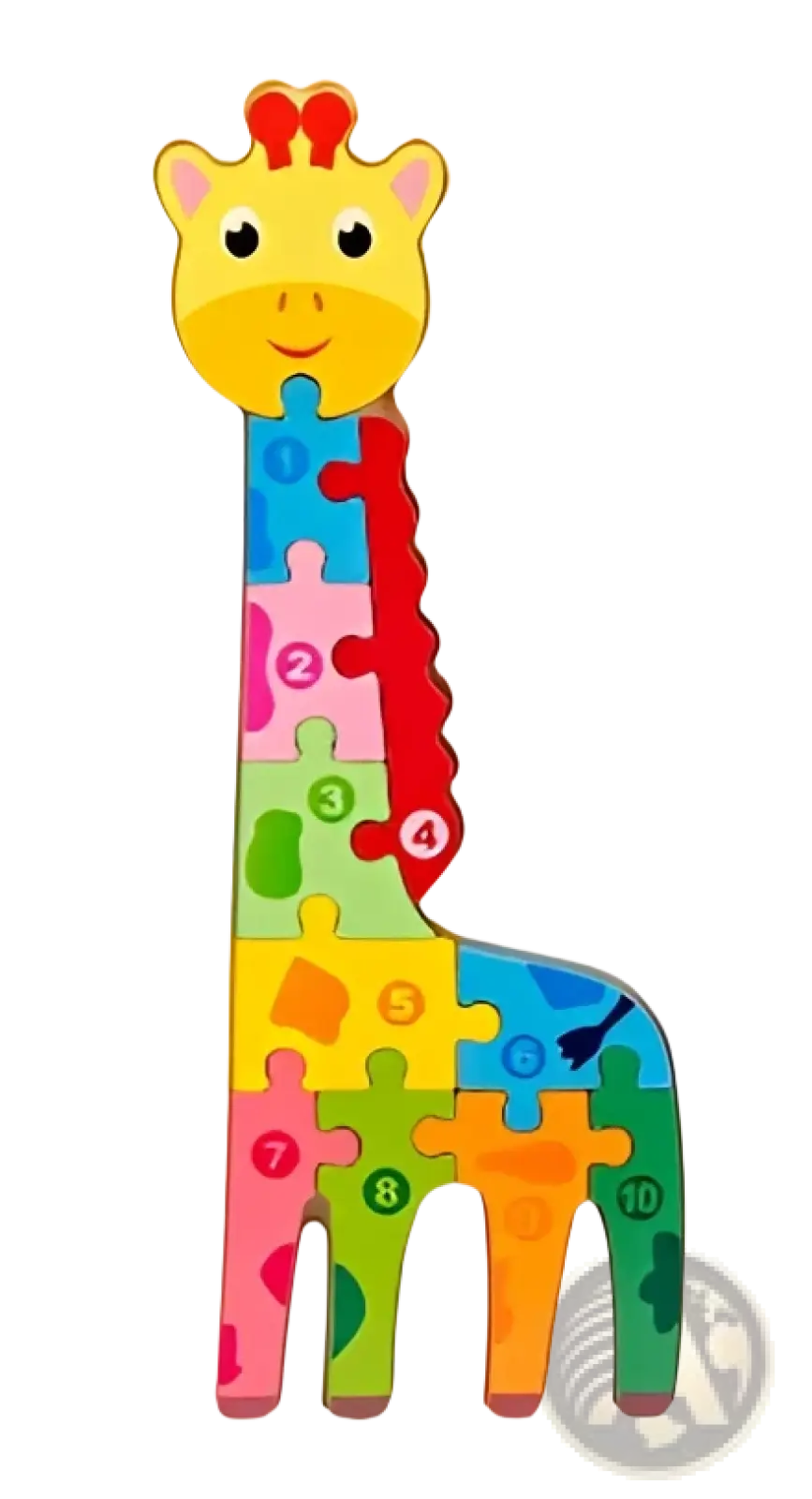 Wooden number animal puzzle for toddlers featuring a colorful numbered giraffe with a yellow head and rainbow body segments