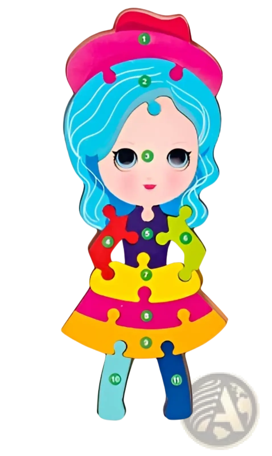 Wooden number animal puzzle for toddlers featuring a colorful interlocking cartoon girl with blue hair and rainbow dress