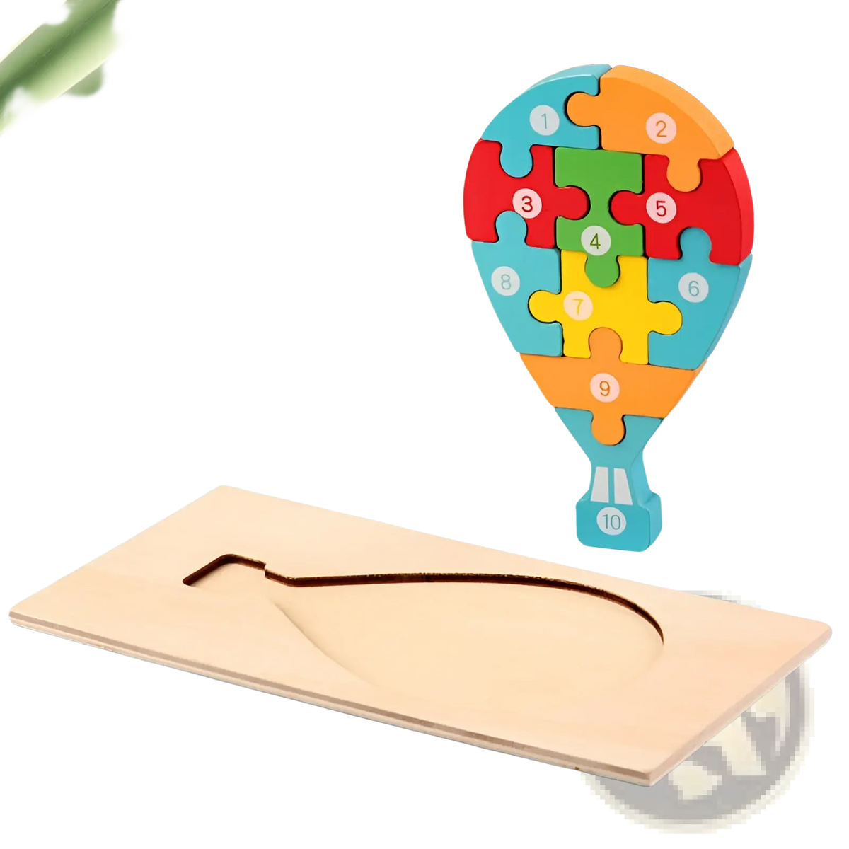 Wooden number animal puzzle for toddlers featuring a colorful wooden hot air balloon with numbered pieces on a wooden base