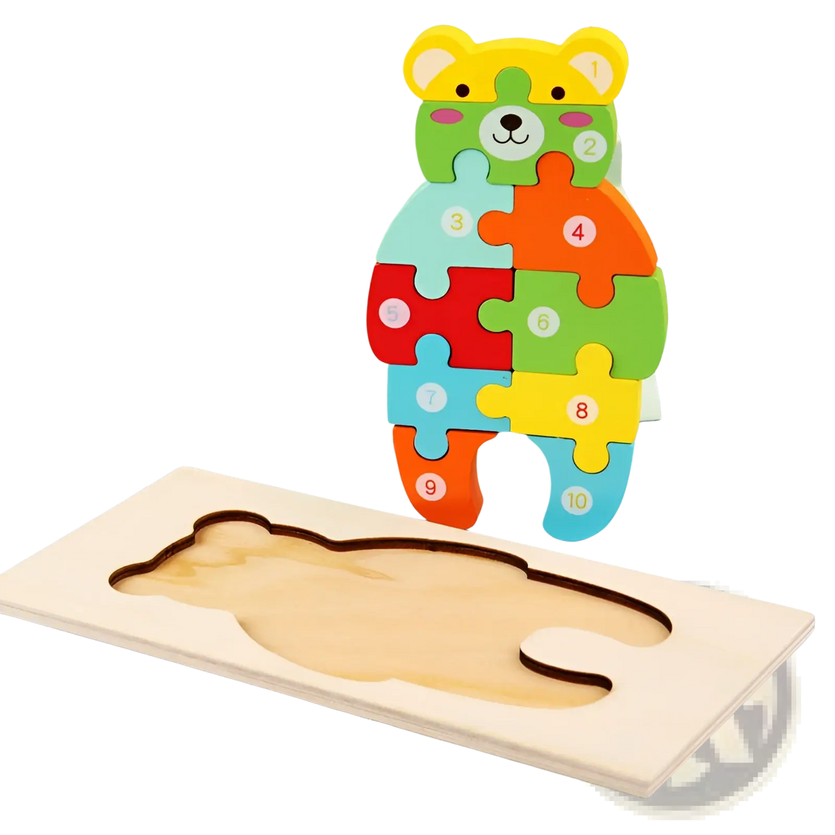 Wooden number animal puzzle for toddlers with colorful numbered bear pieces assembled on a light wood tray