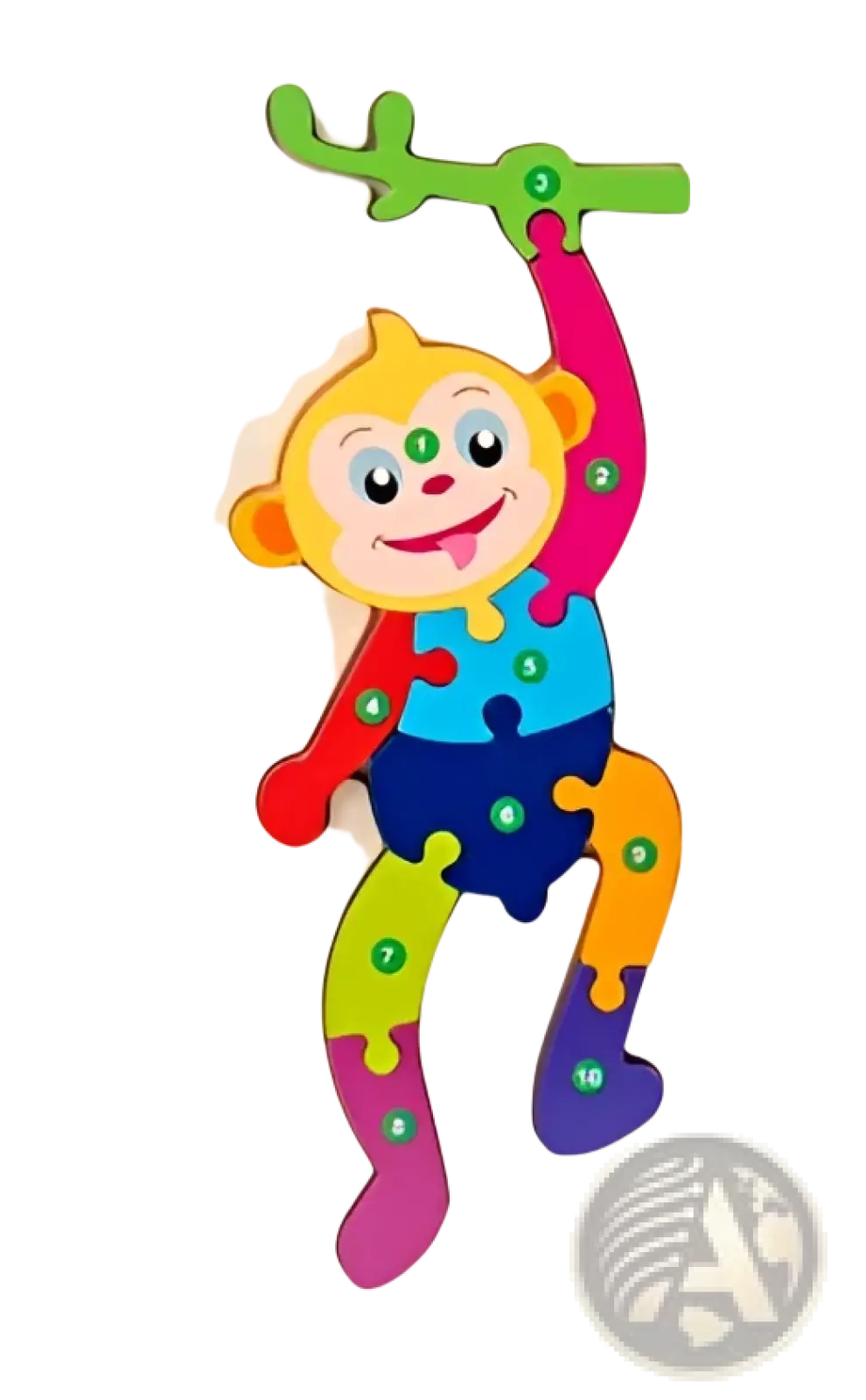 Wooden number animal puzzle for toddlers featuring a colorful cheerful monkey with bright segmented limbs and smiling face