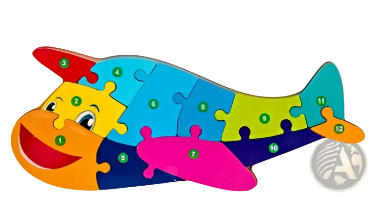 Wooden number animal puzzle for toddlers with a colorful wooden airplane design featuring bright blue green yellow orange and pink sections