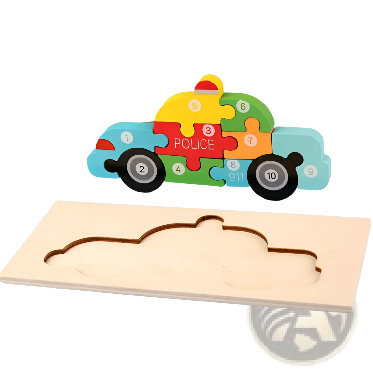 Colorful wooden number animal puzzle car with police 911 markings and numbered pieces for toddler assembly