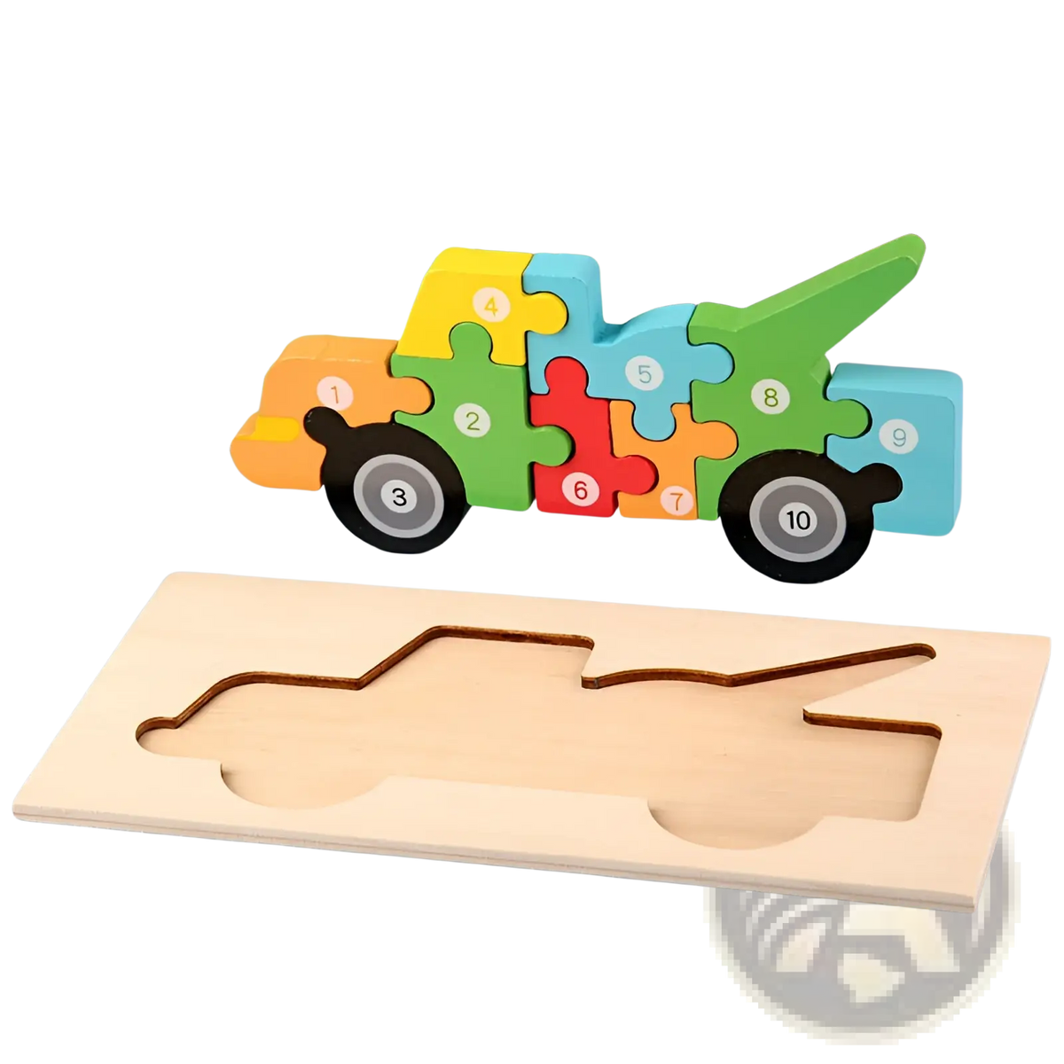 Colorful wooden number animal puzzle car with numbered pieces and black rubber wheels for toddlers