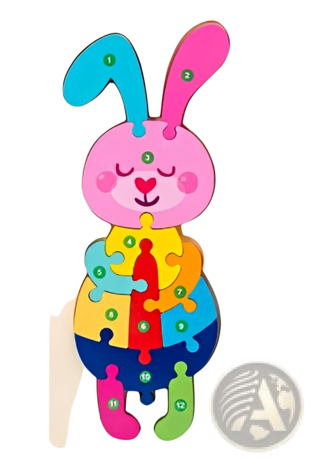 Wooden number animal puzzle for toddlers featuring a colorful cartoon rabbit with pink ears and rainbow body segments
