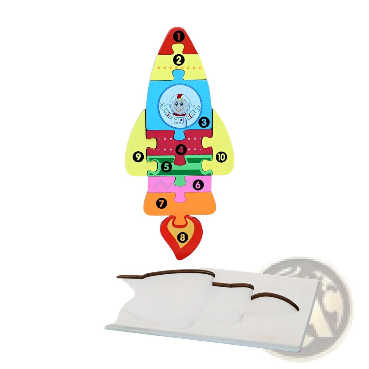 Wooden number animal puzzle for toddlers featuring a colorful rocket-shaped design with numbered rainbow pieces and a cartoon astronaut