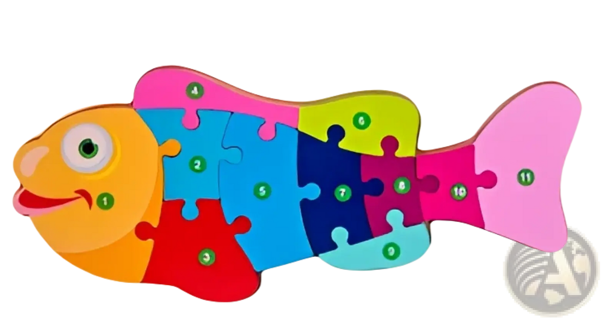 Colorful wooden number animal puzzle for toddlers shaped like fish with bright orange yellow green blue red and pink segments