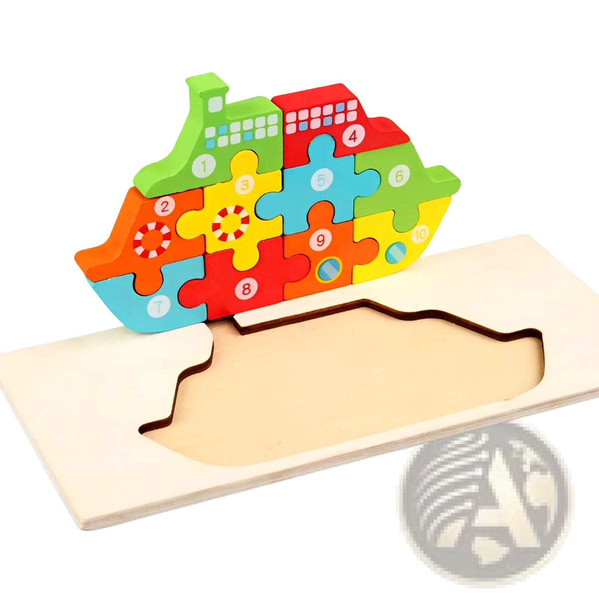Colorful wooden number animal puzzle for toddlers shaped like a ship with numbered pieces for learning play