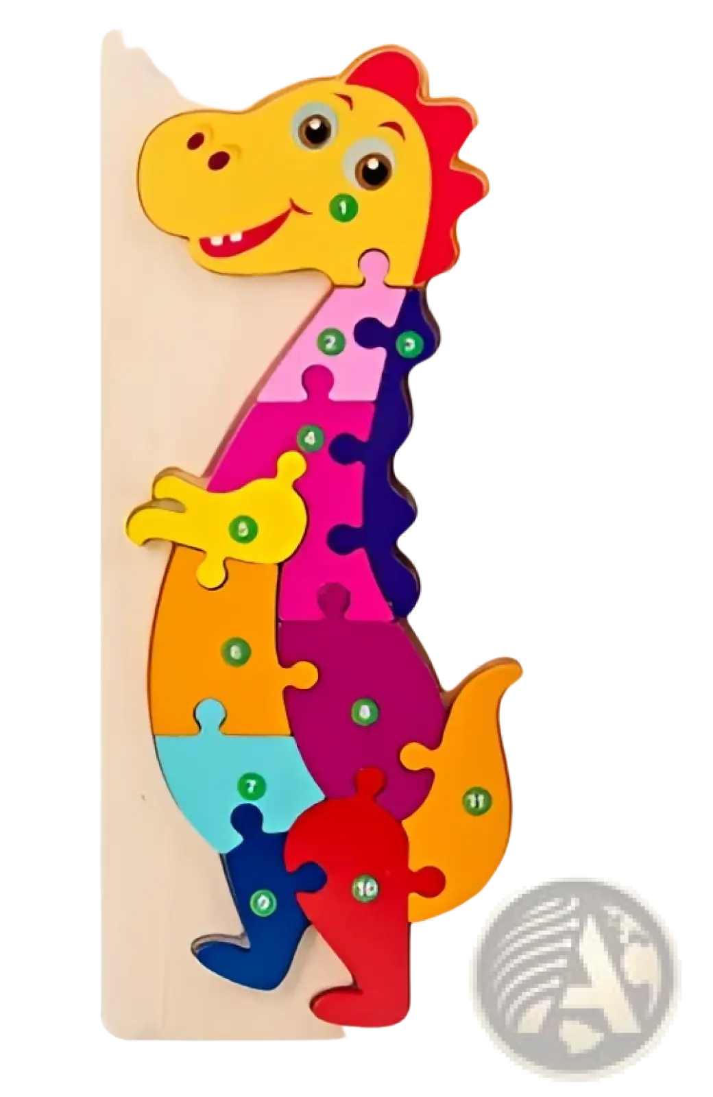 Wooden number animal puzzle for toddlers featuring a colorful wooden dinosaur with a smiling face and segmented rainbow body