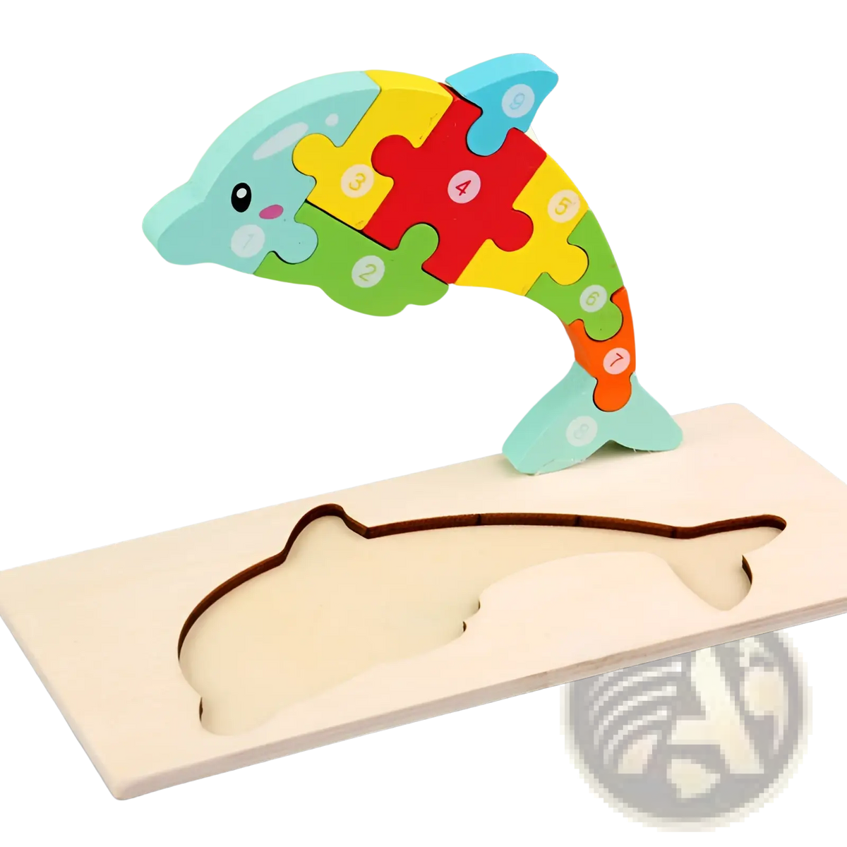 Wooden number animal puzzle for toddlers featuring a colorful wooden dolphin with bright numbered pieces in yellow red green and blue