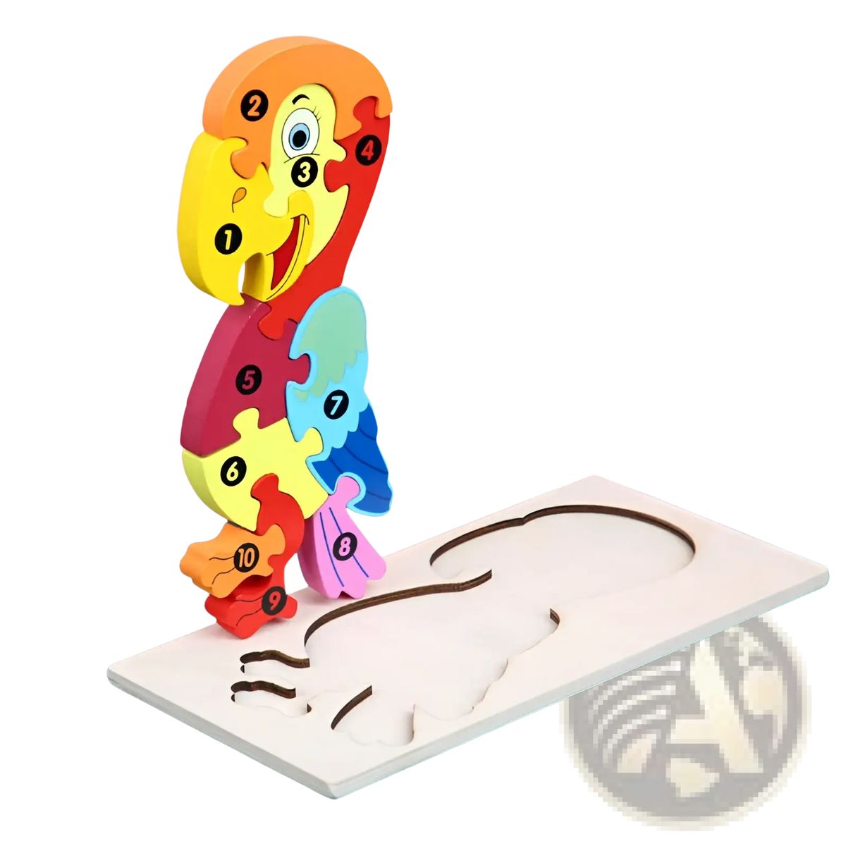 Colorful wooden number animal puzzle for toddlers featuring a vibrant parrot with orange, yellow, red, blue, and pink sections