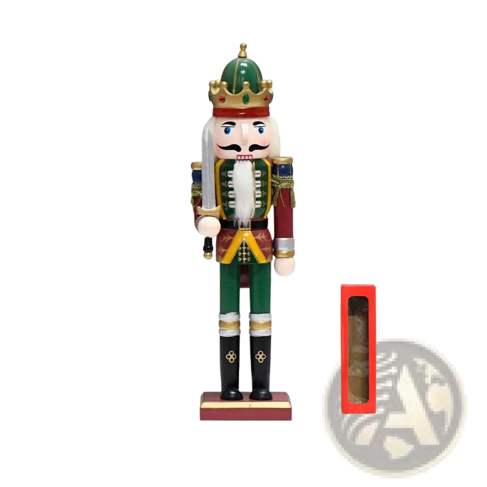 Wooden nutcracker soldier 30cm tall in green and gold royal uniform with white beard holding a sword christmas decor
