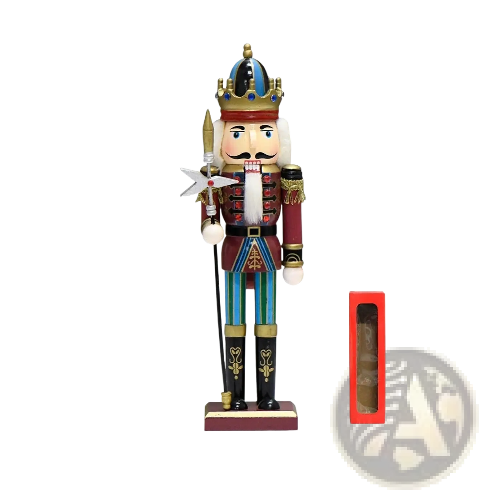 Wooden nutcracker soldier 30cm tall with gold and blue crown, red uniform, green-striped legs, and silver-tipped spear