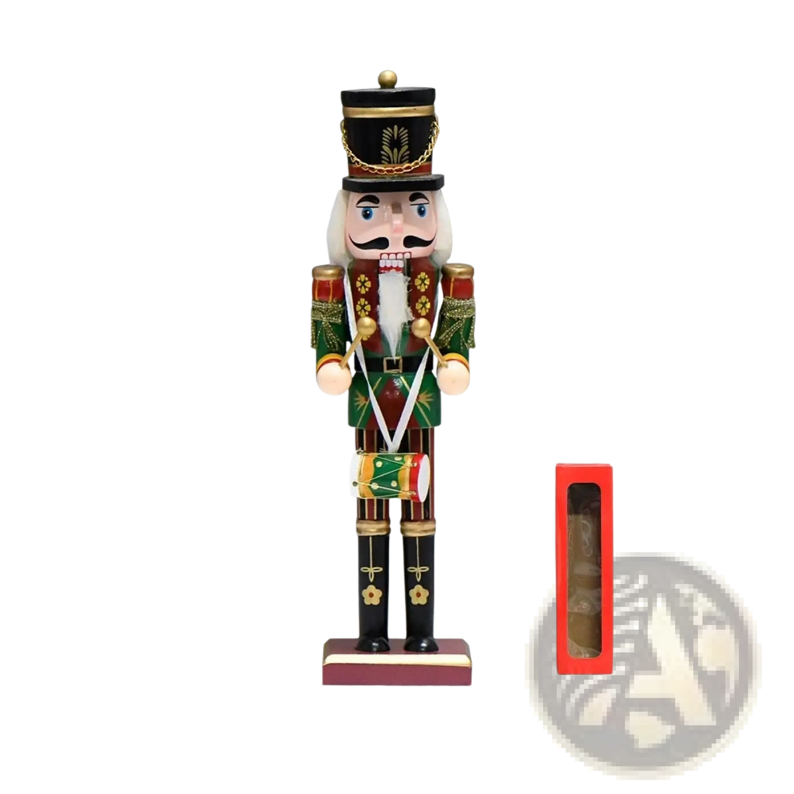 Wooden nutcracker soldier 30cm with black hat green and red uniform gold trim white beard holding drumsticks and drum