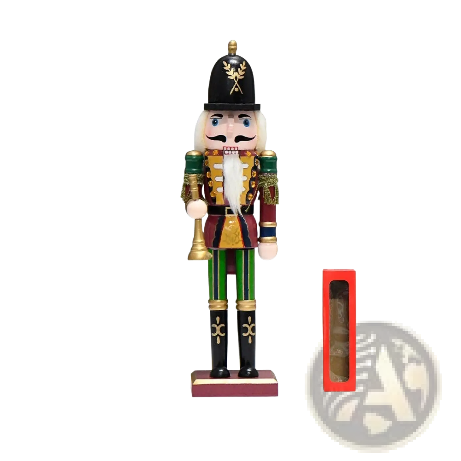 Wooden nutcracker soldier christmas decor set 30cm featuring a green and red uniform with gold trim and holding a golden bell