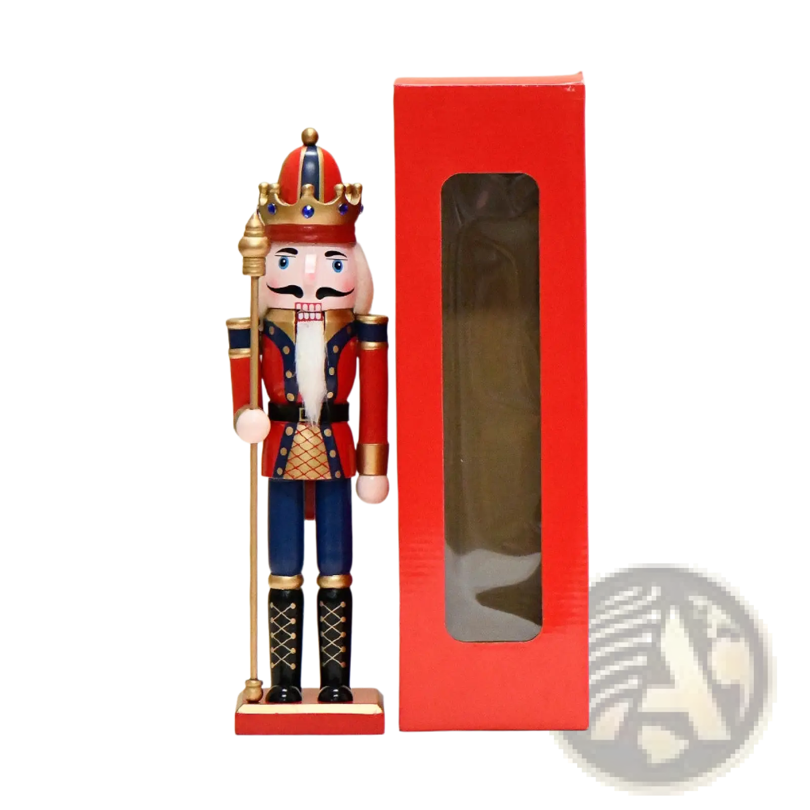 A detailed wooden nutcracker soldier figurine in red and blue uniform with gold accents and jeweled crown