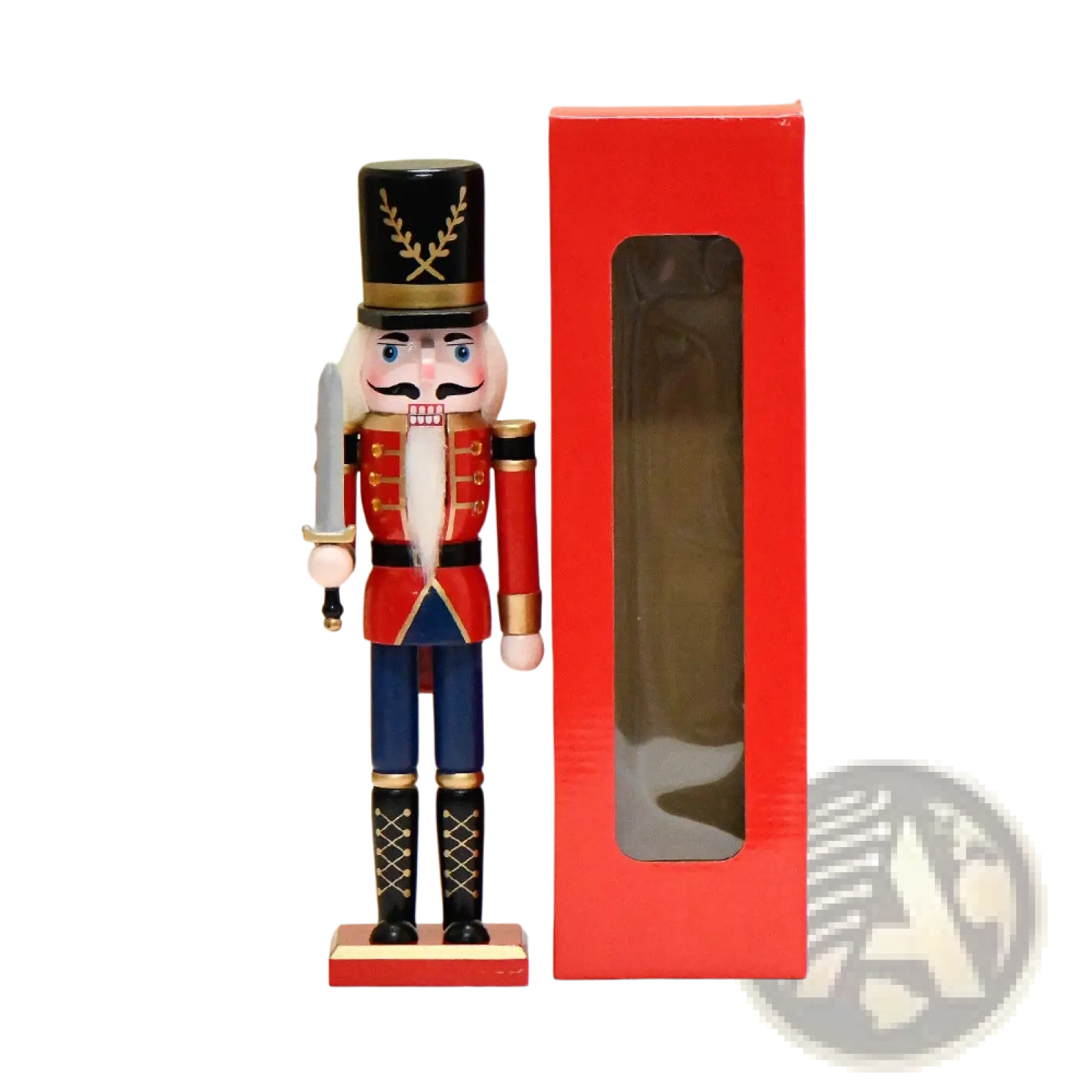 A 30cm classic wooden nutcracker soldier christmas decor with black top hat, red blue gold uniform, holding silver sword