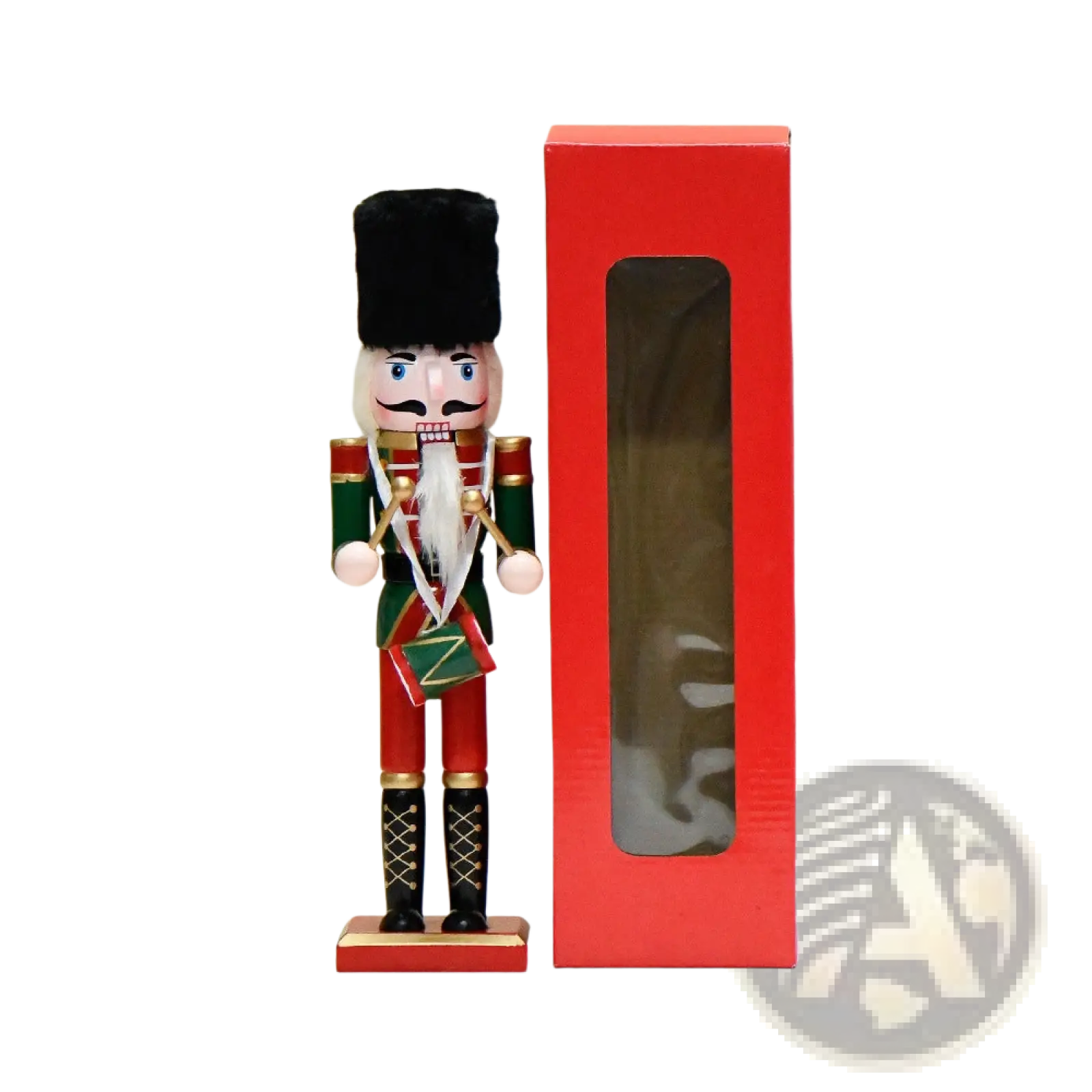Wooden nutcracker soldier Christmas decor set 30cm with black furry hat green red uniform and gold accents beside red box