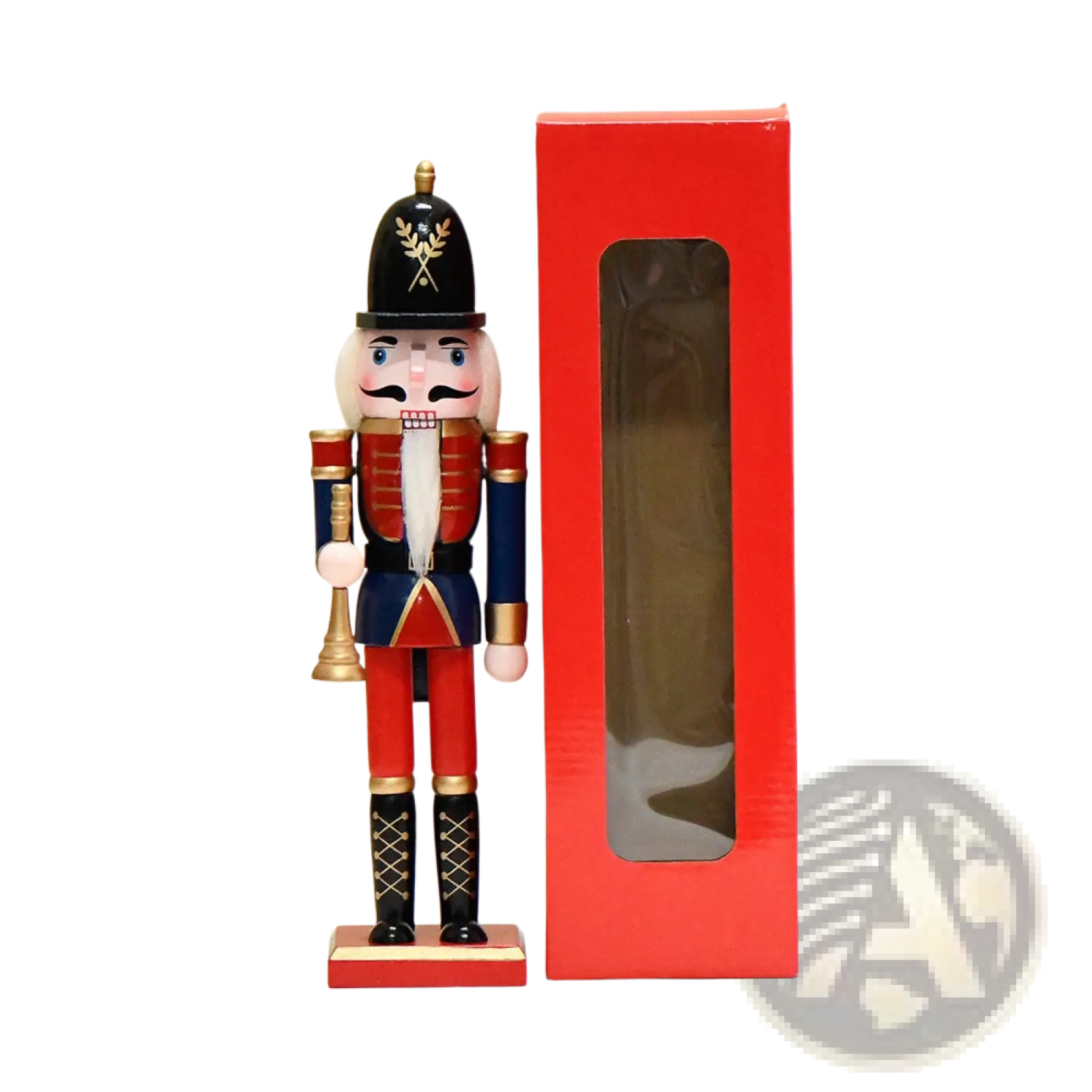Wooden nutcracker soldier Christmas decor set 30cm with black hat gold insignia red blue uniform and white beard holding golden horn
