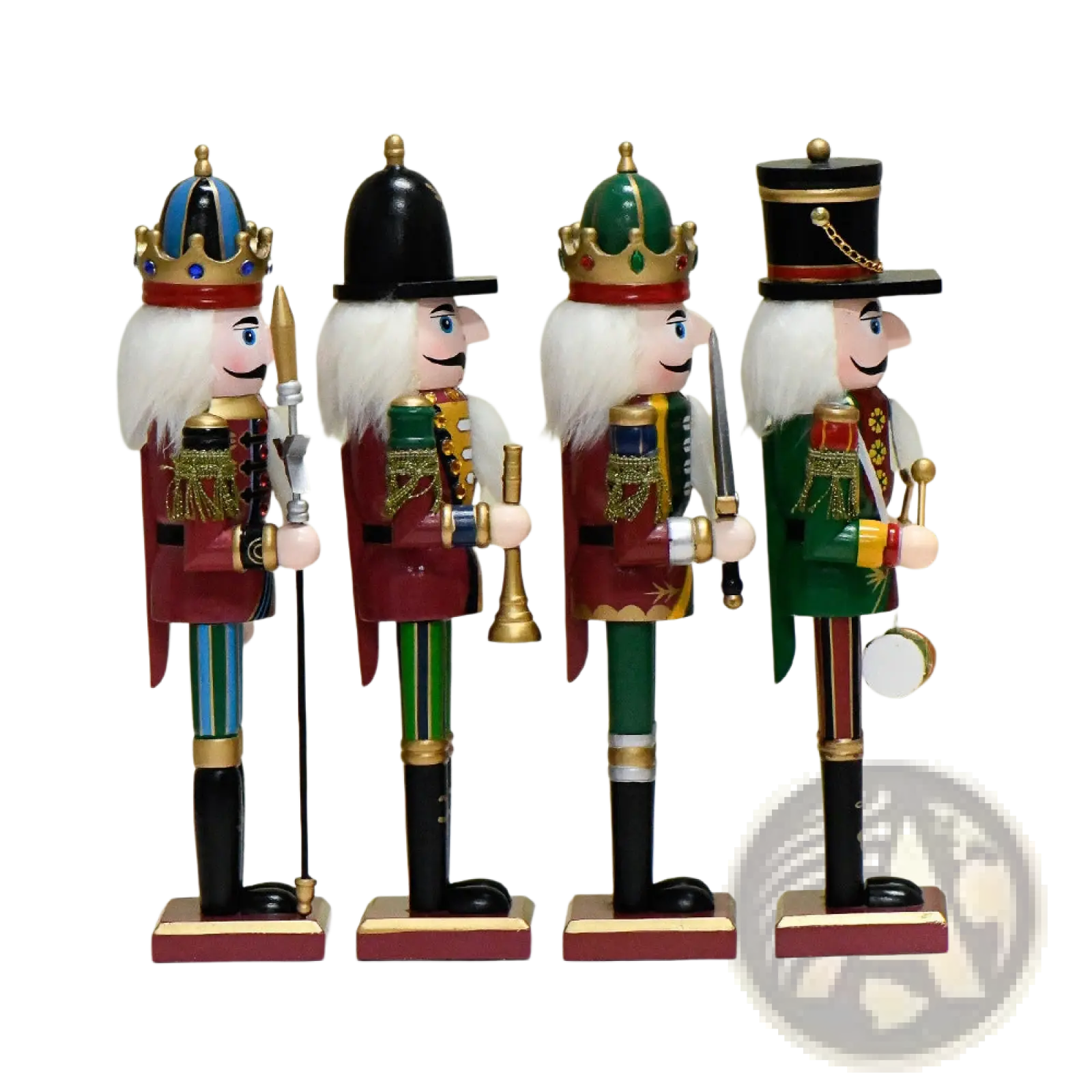 Four intricately painted wooden nutcracker soldier figurines in military-style uniforms with gold accents 30cm tall